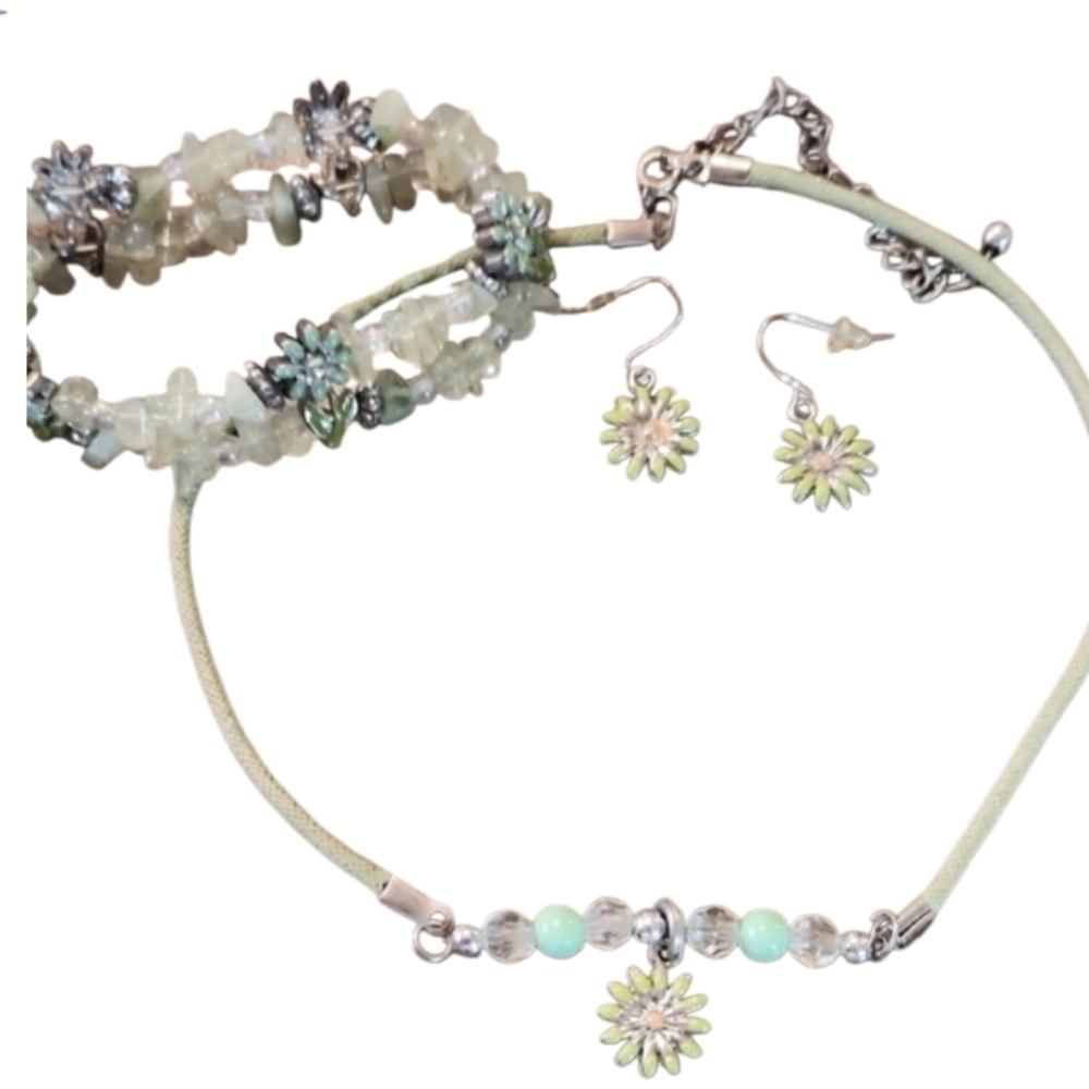 90s Green and Blue Silver Floral Jewelry Set